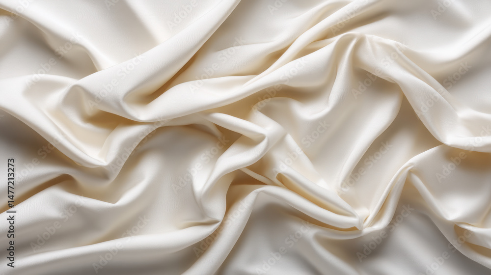 Fototapeta premium Creamy white satin fabric gently drapes in soft folds, creating a luxurious and elegant texture perfect for backgrounds and designs, adding a touch of sophistication.