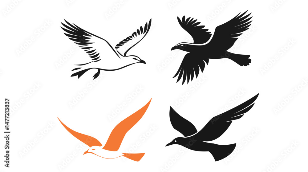 Obraz premium Minimalist vector illustration of a seagull in side view with clean lines and flat design style, ideal for nature themes, coastal graphics, marine wildlife elements, and nautical decorative concepts