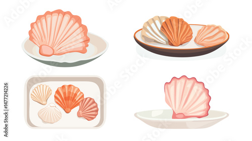 Vector graphic design of a resin tray embedded with natural seashells, decorative handcrafted organizer, coastal style home accessory, elegant and artistic flat illustration