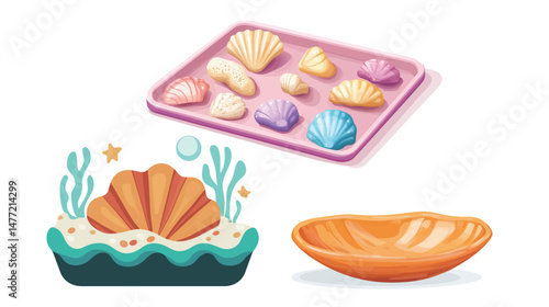 Vector graphic design of a resin tray embedded with natural seashells, decorative handcrafted organizer, coastal style home accessory, elegant and artistic flat illustration