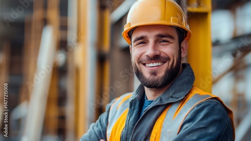 Wallpaper Mural Smiling engineer wearing hardhat and safety vest at construction site Torontodigital.ca
