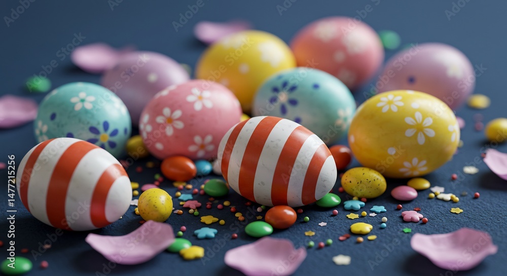 Fototapeta premium Colorful Easter Eggs with Candy and Petals