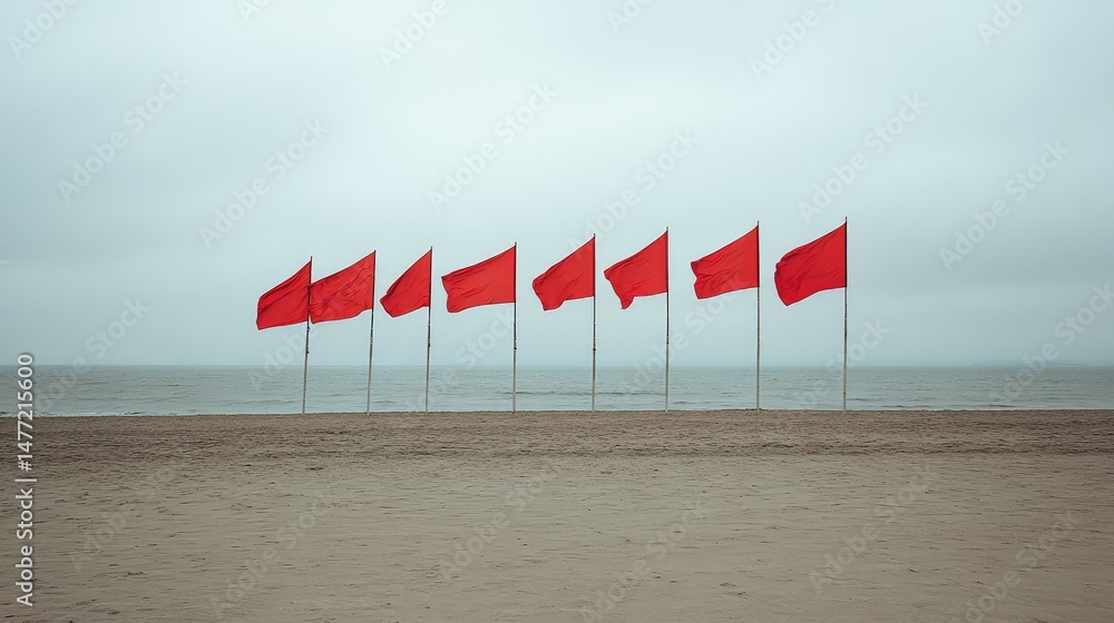 Fototapeta premium Group of tall beach flags fluttering at even intervals on a quiet oceanfront beach
