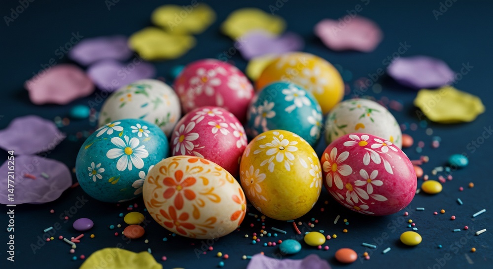 Fototapeta premium Colorful Easter Eggs with Floral Pattern and Candy
