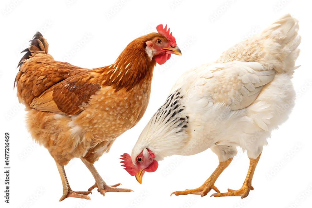 Fototapeta premium Two chickens one brown and one white isolated image