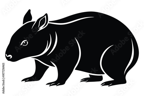 Silhouette Illustration of a Wombat Australian Marsupial Artwork, Mammal Graphics, Wildlife Black and White