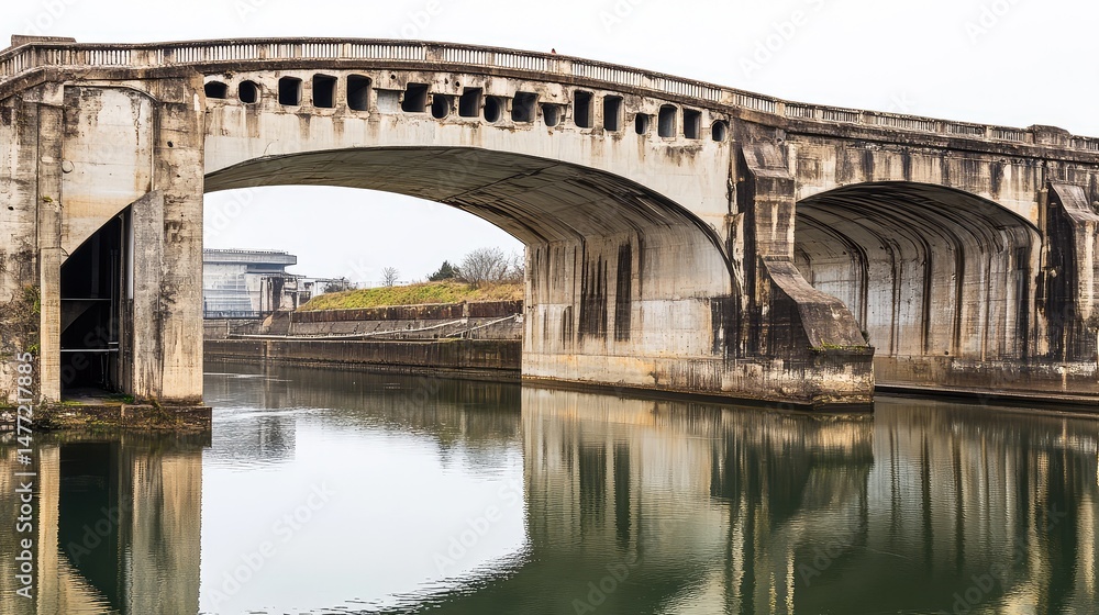 Low view of concrete arch dam emphasizing dual drainage channels and weathered construction Low view of concrete arch dam emphasizing dual drainage channels and weathered construction
