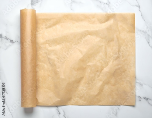 Rolled parchment paper on marble.  Perfect for baking, cooking, and crafts.