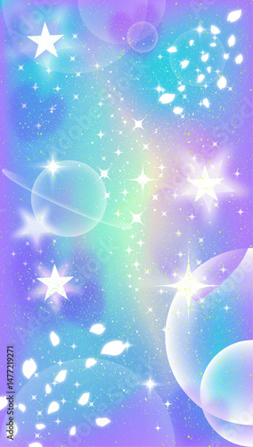Pastel anime background with glowing sparkles, stars, hearts and sakura petals. Cute kawaii elements, design template y2k, holographic rainbow unicorn background.