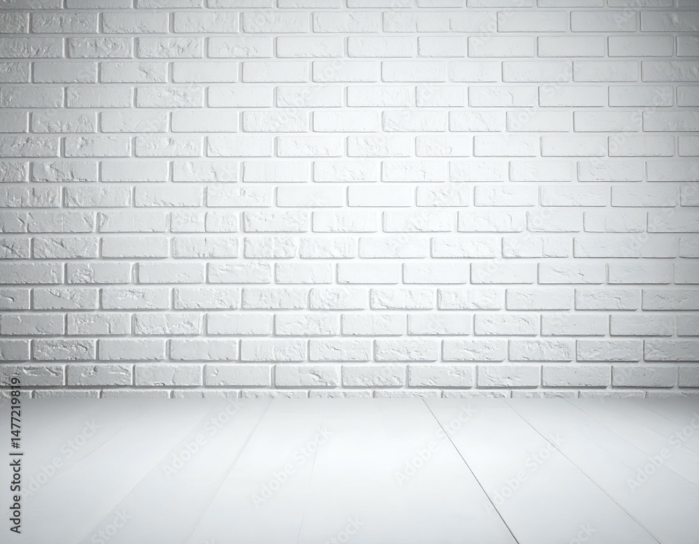 Whitewashed brick wall background with white wooden floor. Perfect for product display or minimalist design. Whitewashed brick wall background with white wooden floor. Perfect for product display or minimalist design.