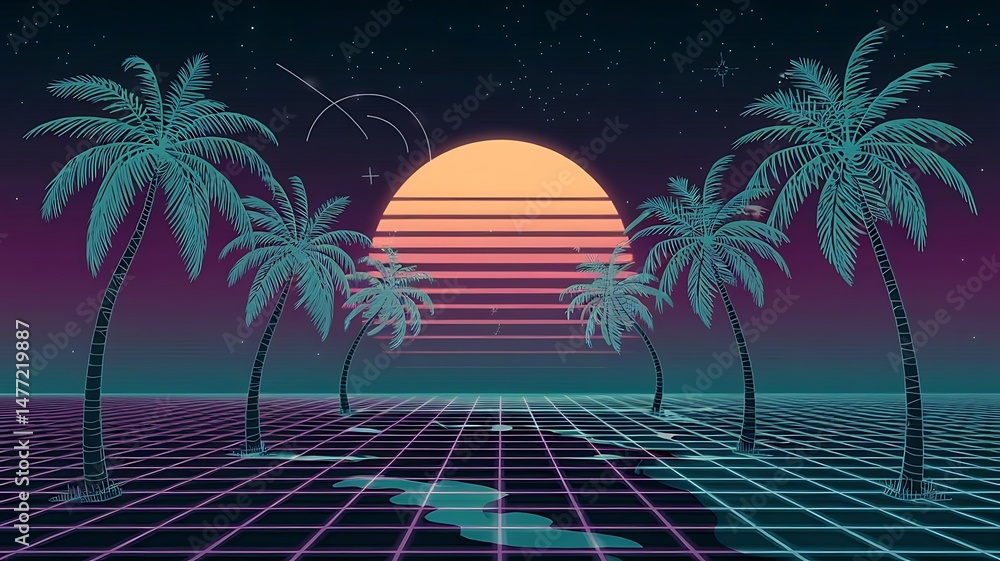 Naklejka premium Retro Synthwave Sunset Palm Trees 80s Inspired Digital Art