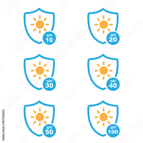 Set of simple flat SPF sun protection icons for sunscreen packaging. 