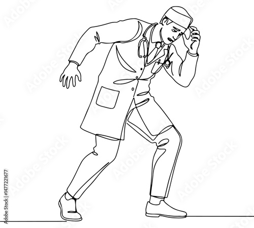 A doctor wearing a lab coat and stethoscope looks troubled with feeling head pain, line art drawing style. vector illustration