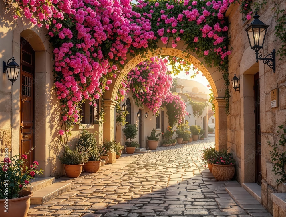 Fototapeta premium A stone archway with hanging pink flowers, leading to a street lined with buildings and plants.