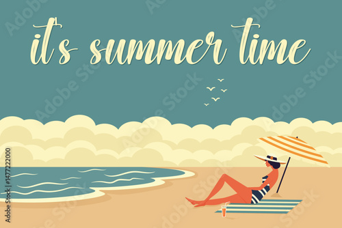 summer postcard with woman on the beach in mid century modern style flat vector illustration with vibrant colors.