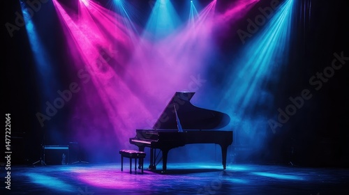 Single grand piano illuminated with deep blue and violet hues on a professional concert stage
