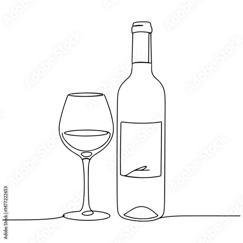 A wine bottle and glass, continuous line drawing. vector illustration