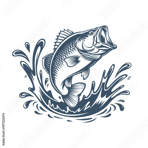 Elegant line art of a jumping bass emerging from water