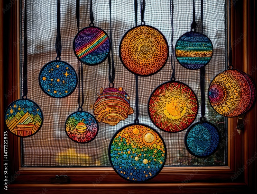 Obraz premium Colorful window ornaments hanging on a screen with intricate designs and black ribbons in a cozy home setting
