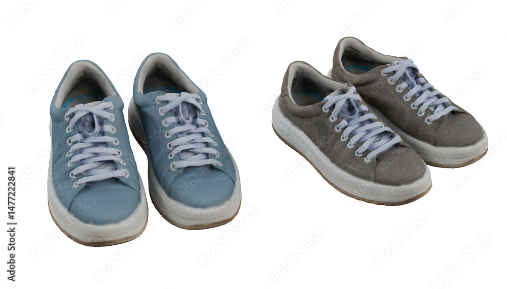 Two pairs of used sneakers isolated on white Two pairs of used sneakers isolated on white