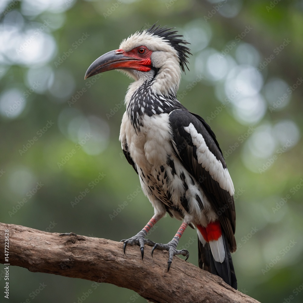 Obraz premium Red-billed Hornbill bird on piece of wood