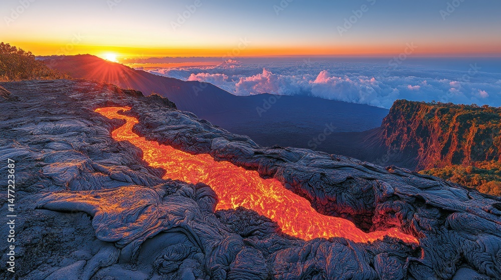 Obraz premium Molten lava flow at sunrise, volcanic landscape
