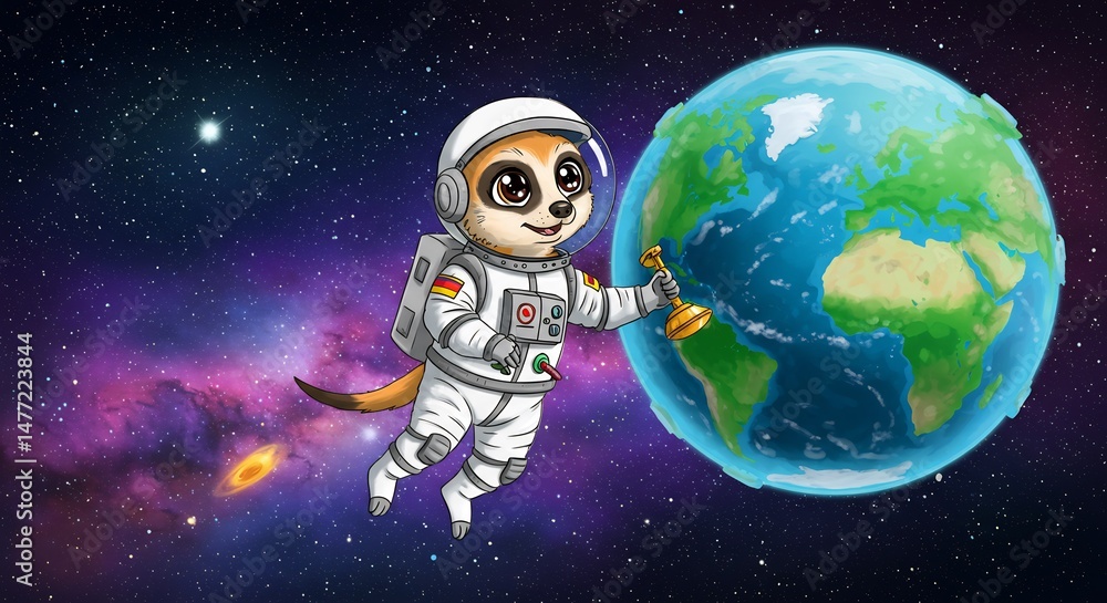 Naklejka premium Cute Meerkat Astronaut Painting Earth in Space