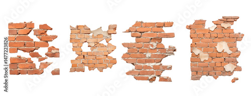 Cracked brick wall textures in various states of damage, showcasing beauty of decay and history