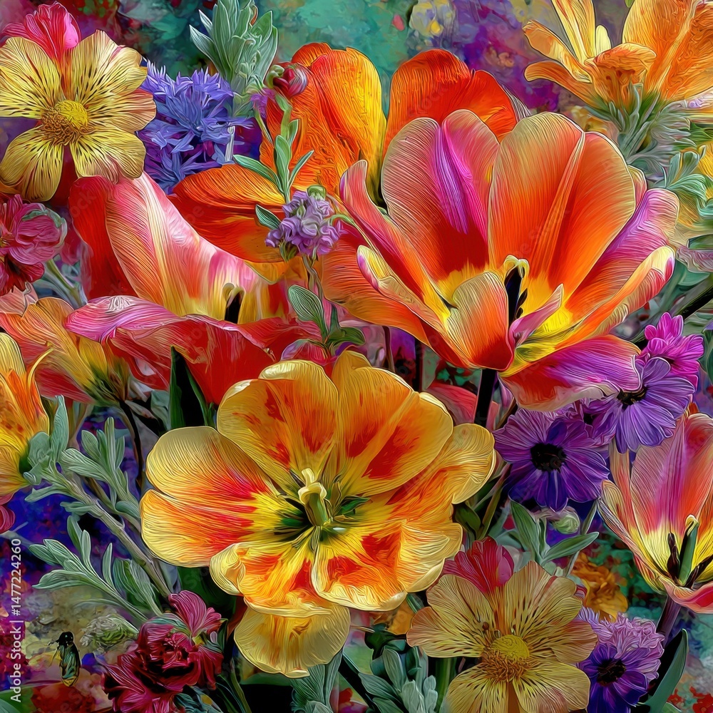 Vibrant Floral Arrangement Close Up of Tulips and Other Flowers in a Colorful and Artistic Style Vibrant Floral Arrangement Close Up of Tulips and Other Flowers in a Colorful and Artistic Style