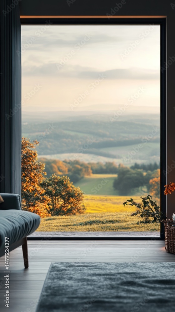 Fototapeta premium Panoramic view of autumnal countryside from a modern living room