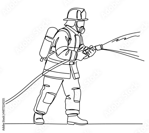 Firefighter is spraying water from a hose to control fire, line art drawing style. vector illustration