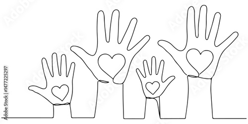 Four hands with hearts in palms, continuous line art style. vector illustration