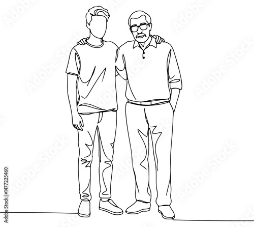 Grandfather and grandson standing close together, multi-generation family, line art drawing style. vector illustration