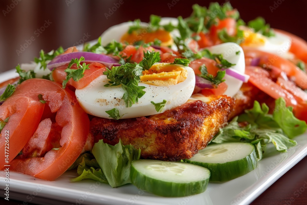 Deliciously plated egg and vegetable salad served on a bed of greens with fresh tomatoes and cucumbers Deliciously plated egg and vegetable salad served on a bed of greens with fresh tomatoes and cucumbers
