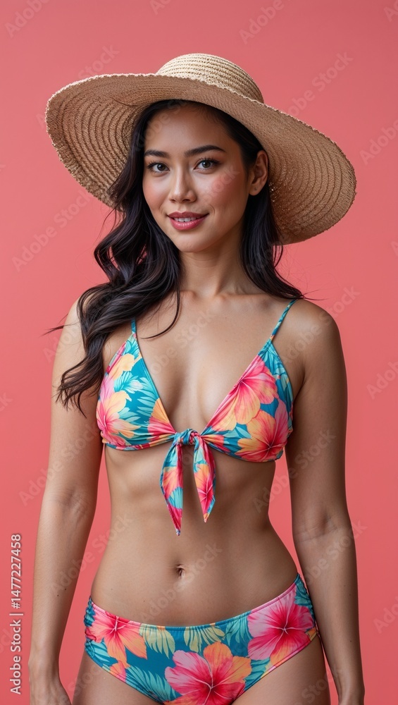 Filipino female adult wearing beach party attire on a coral pink background Filipino female adult wearing beach party attire on a coral pink background
