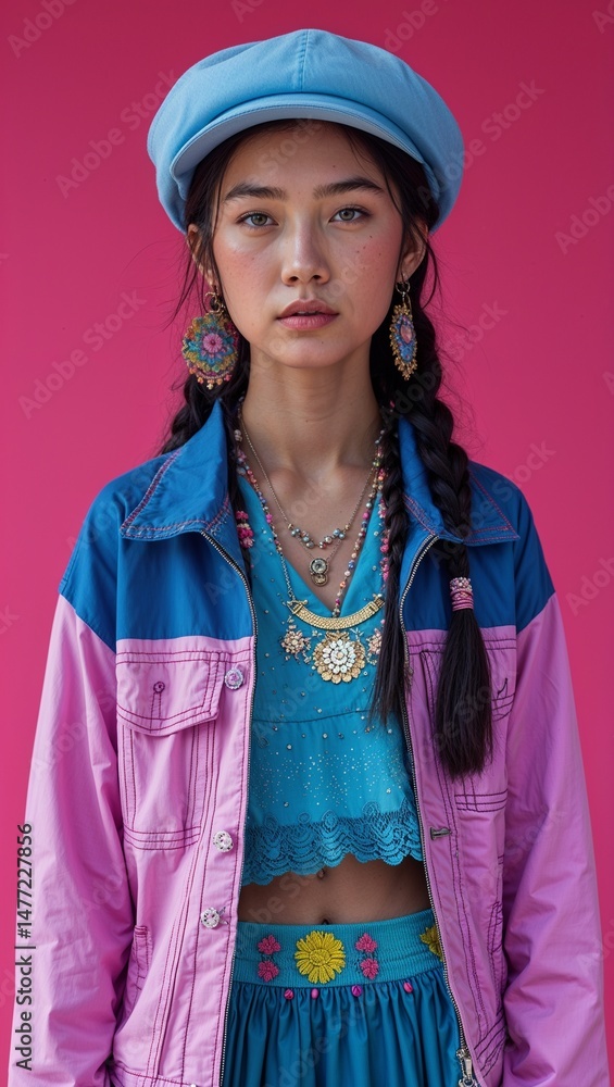 Hmong female teen wearing Y2K fashion on a hot pink background Hmong female teen wearing Y2K fashion on a hot pink background