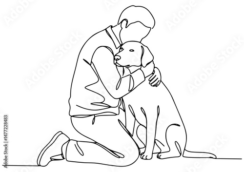 Happy man is sitting on his knees and hugging a dog, line art drawing style. vector illustration