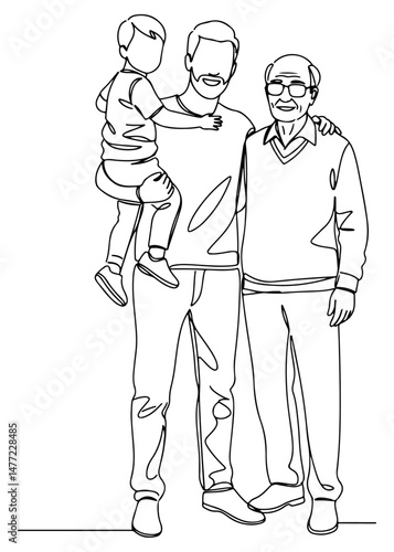 Grandfather, son and grandson. happy multi-generation family standing together, line art drawing style. vector illustration