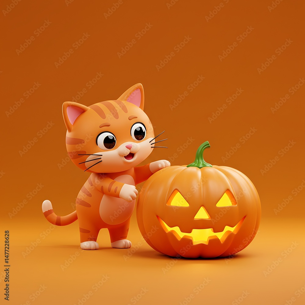 Cute Cartoon Cat with Jack-o'-Lantern Cute Cartoon Cat with Jack-o'-Lantern