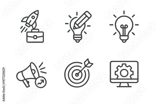 Set of minimal web icons representing creativity, communication, and technology for modern digital applications