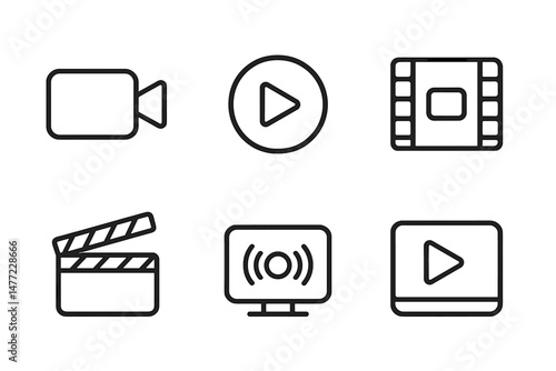 Collection of simple web icons representing video and audio media including play buttons and camera symbols
