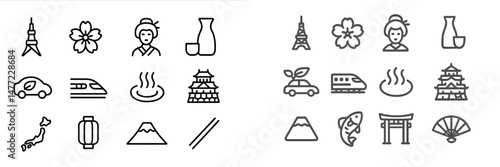 Collection of web icons featuring cultural symbols, transportation, and landscapes from Japan