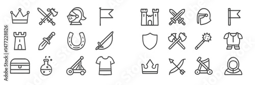 Collection of web icons showcasing medieval themes, including knights, castles, and weaponry