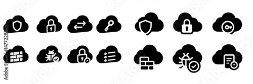 Set of web icons representing cloud security, data management, and connectivity for digital services and applications
