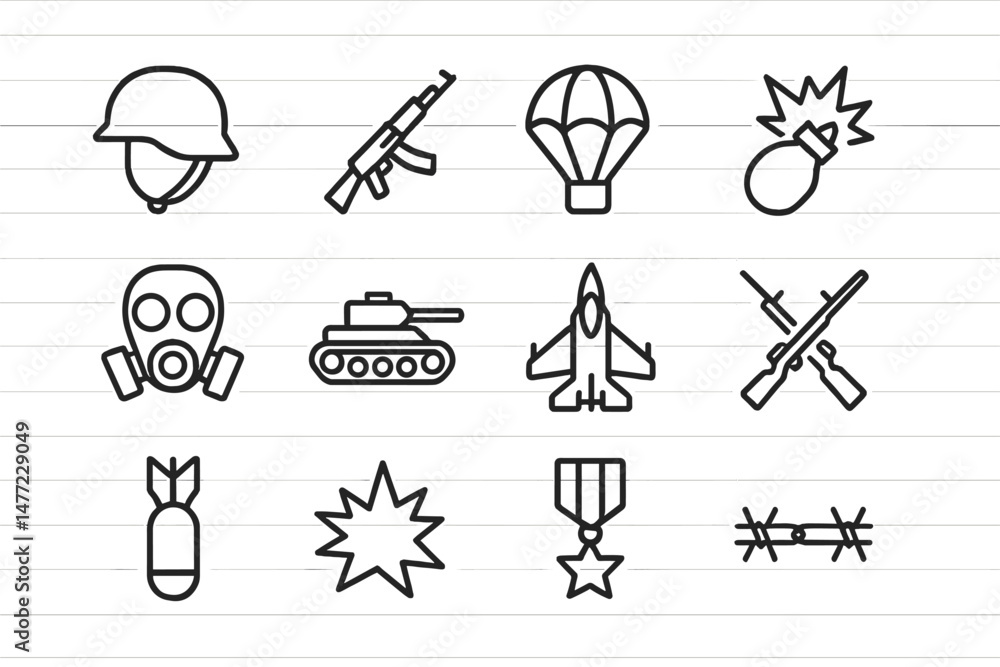Fototapeta premium Set of military-themed web icons featuring various symbols related to warfare and defense