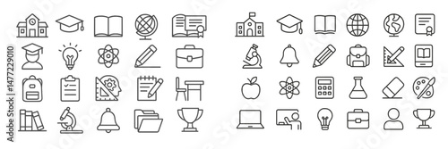 Collection of web icons illustrating education, science, and learning activities for digital platforms