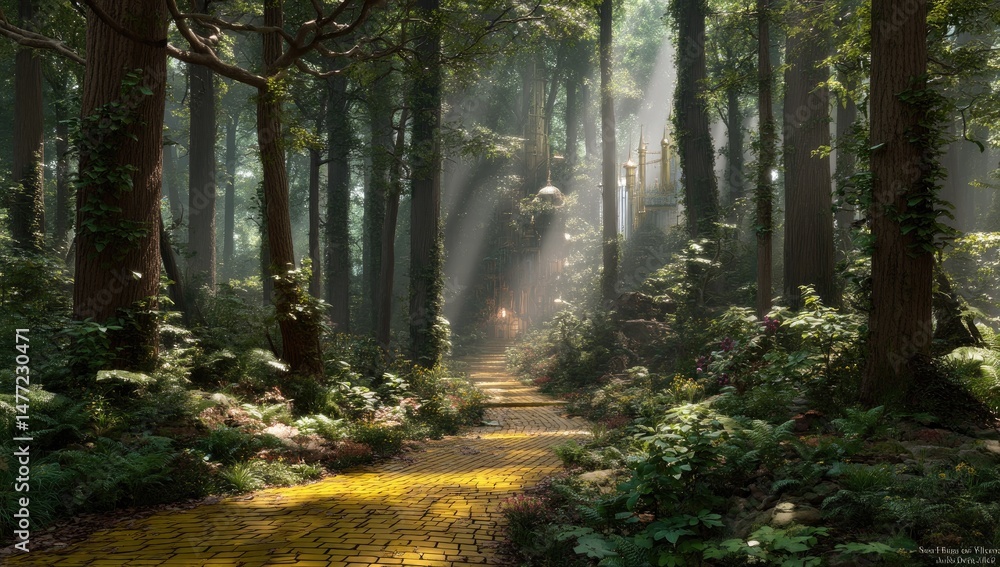 Obraz premium Serene Forest Path Sunlight Streaming Through Ancient Trees, A Dreamy, Verdant Escape