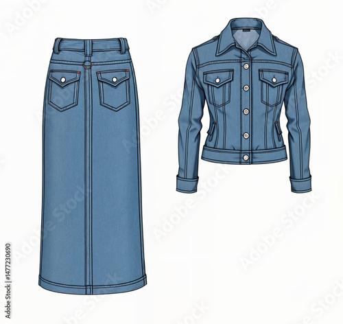 Denim jacket and skirt set technical fashion illustration. Denim combo dress vector template illustration. Women's fashion clothing, front view. relaxed fit.  button-up front. blue colour. CAD mockup