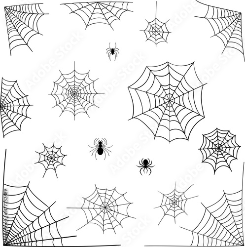 Set of various spider webs. Black mesh patterns with Halloween party ornament. Sticky trap of intertwined dangerous vector lines.