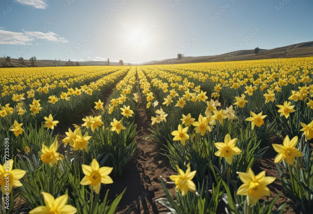 Fototapeta premium Expansive field of daffodils, sunny day, clear blue sky above, sunny, fresh, day